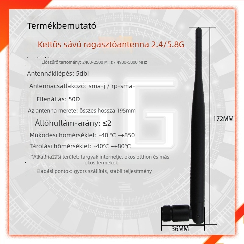 5 dB ragasztó-stick antenna, dupla sávú 2.4/5.8 GHz, hajtogatható GPRS/WiFi routerekhez