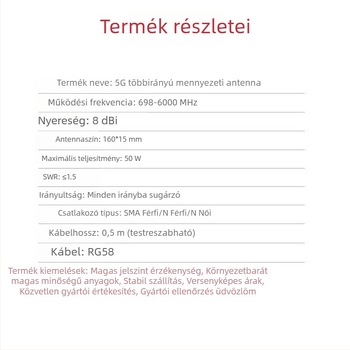Beltéri mennyezeti antenna, teljes sáv, omnidirekcionális, 4G/5G, egypólusú polarizáció