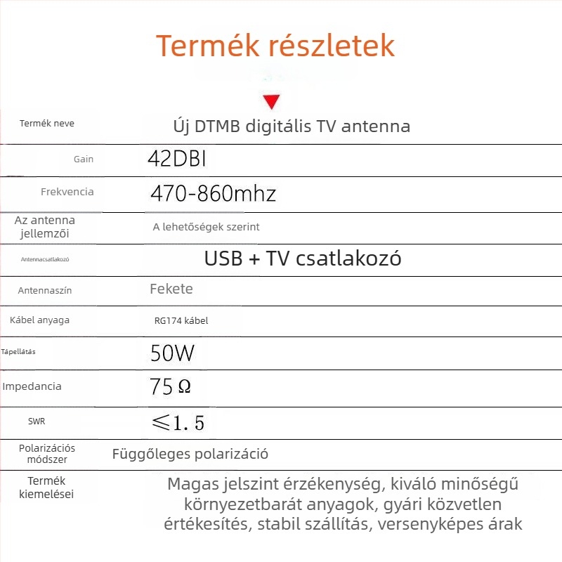 Belső TV antenna 42 dBi nyereséggel, 470–862 MHz-es tartomány, impedancia 75 Ω, VSWR ≤1,5