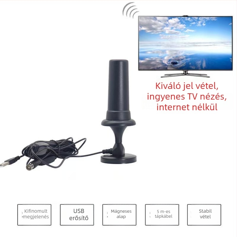 Belső TV antenna 42 dBi nyereséggel, 470–862 MHz-es tartomány, impedancia 75 Ω, VSWR ≤1,5