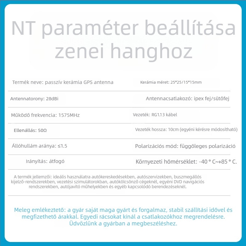 Beidou-GPS kettős sávú aktív antenna beépített kerámiamodullal, 28 dBi nyereség, 600-6000 MHz, 50 Ω, SWR ≤1.5