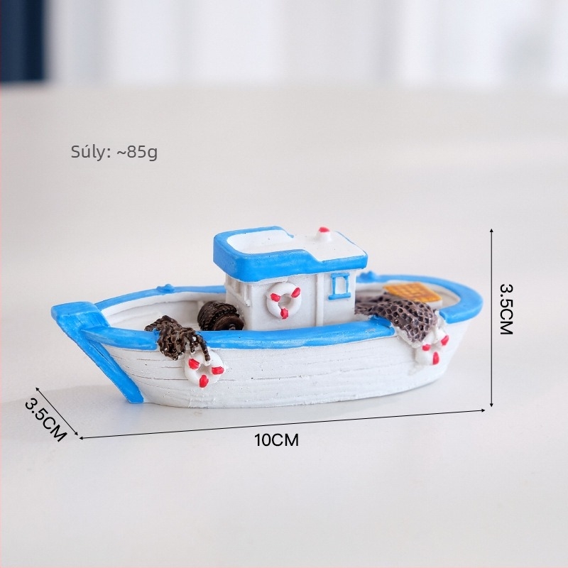 Resinből készült hajófigura – Mediterrán stílusú mini hajó akváriumhoz (műgyanta)