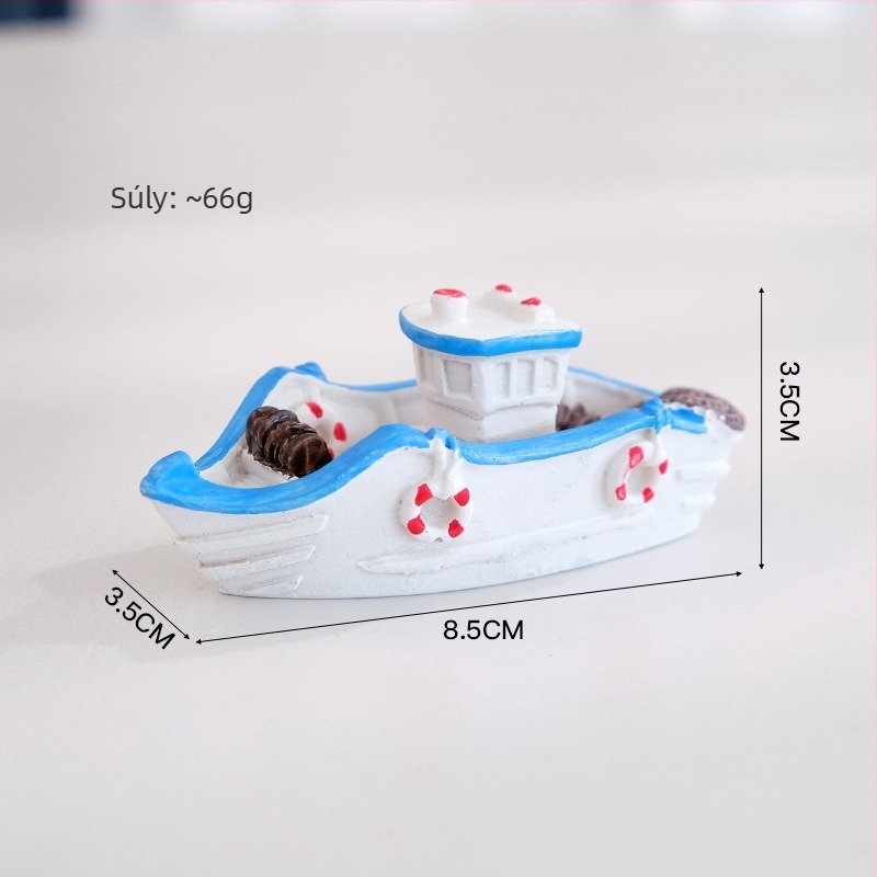 Resinből készült hajófigura – Mediterrán stílusú mini hajó akváriumhoz (műgyanta)