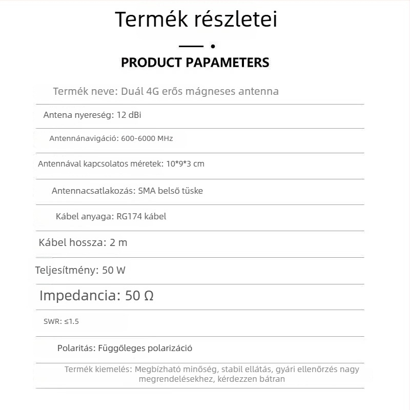 WiFi 6 router antenna, 12 dBi nyereség, SMA csatlakozó, kettős vezeték kialakítás, SWR ≤ 1.5