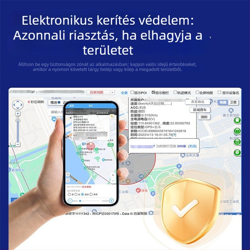 2G jármű GPS nyomkövető, modell J14A, GPS pozíció-pontosság 3–30 m, riasztási módok: rezgés, áramszünet, kerítés, sebességtúllépés, járműáramellátásból, térképek Baidu/AMAP/Google