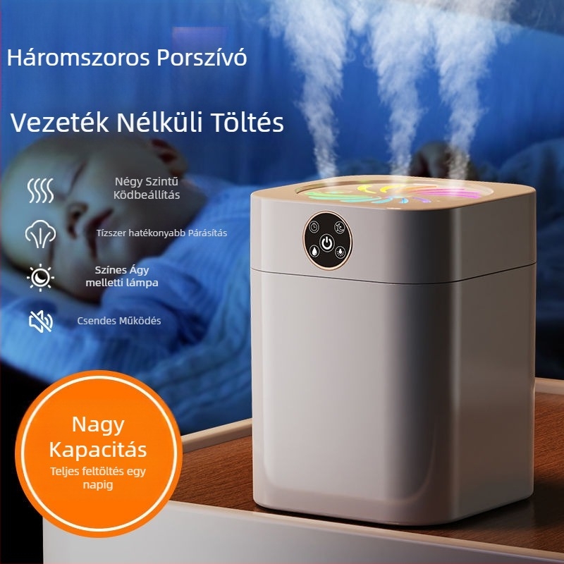 Hálószobai párásító csendes működéssel, 10 literes tartály, 3 párásító kimenet, aromaterápiás funkció, kikapcsolási védelem, száraz elemről működtethető, rozsdamentes ház