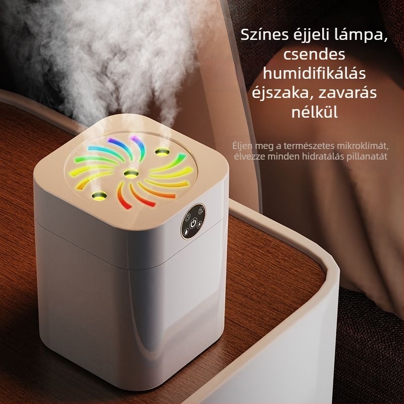 Hálószobai párásító csendes működéssel, 10 literes tartály, 3 párásító kimenet, aromaterápiás funkció, kikapcsolási védelem, száraz elemről működtethető, rozsdamentes ház
