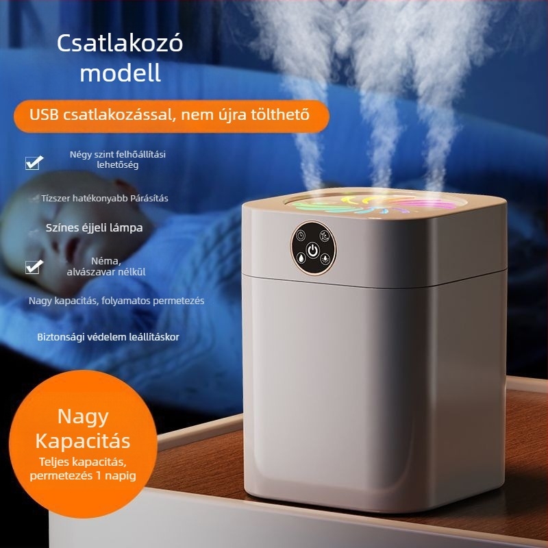 Hálószobai párásító csendes működéssel, 10 literes tartály, 3 párásító kimenet, aromaterápiás funkció, kikapcsolási védelem, száraz elemről működtethető, rozsdamentes ház