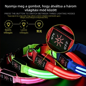 LED háziállat nyakörv – vízálló, USB töltés, éjszakai fény, nylon anyag, monokróm mintázat
