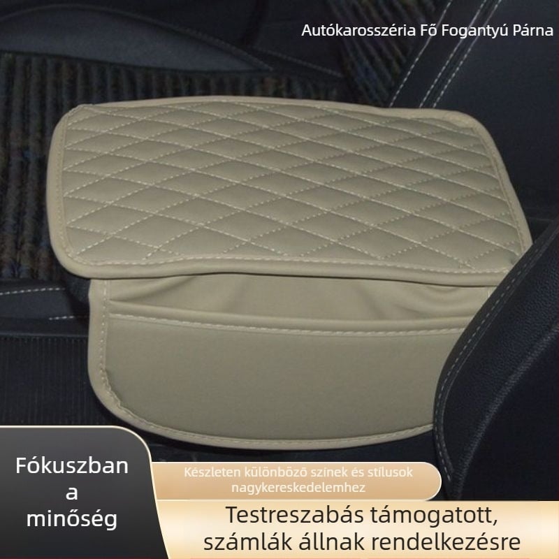 Bőr autókartámasz párna magasságot növelő résszel, multifunkcionális tároló táska, középső kartámasz védő, csúszásmentes háló