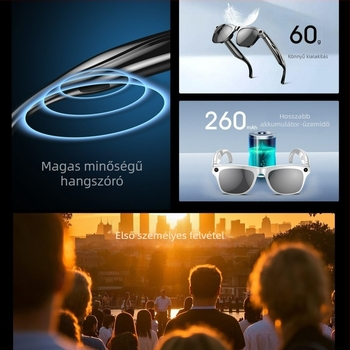 AI okos szemüveg kamerával, fordítással és tárgyfelismeréssel – Xkoenpro+; 1 MP kamera; 32 GB tárhely; 260 mAh akkumulátor; fejre helyezhető viselet; vezeték nélküli hatótávolság 5–10 m; Bluetooth hívások és zene