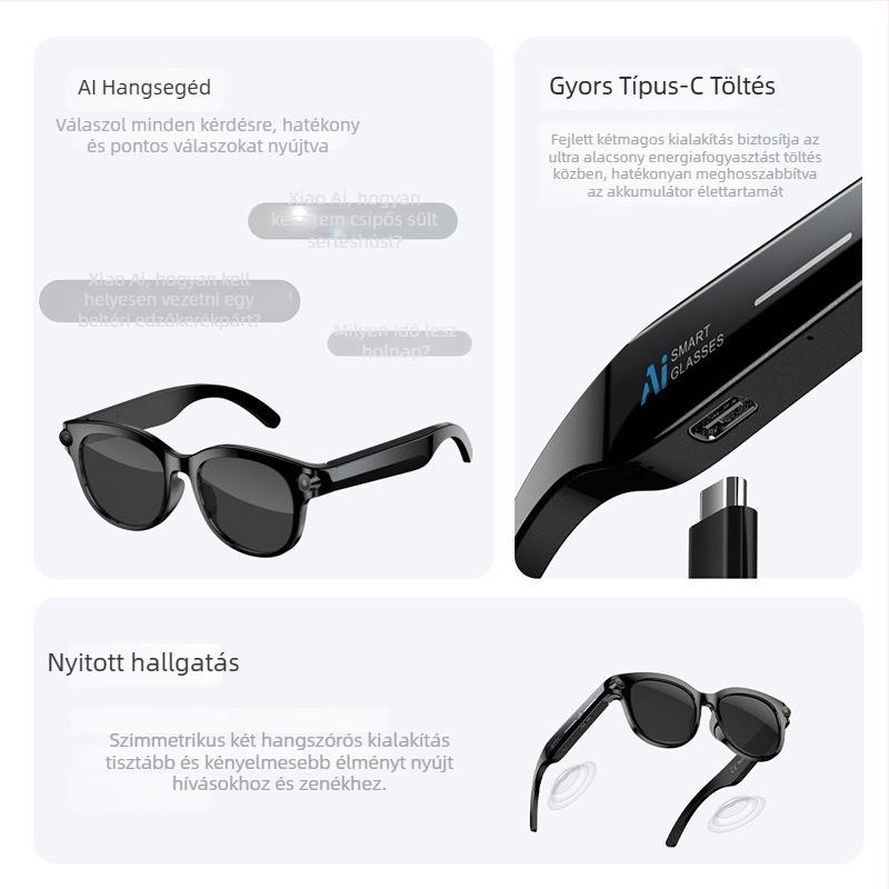 Okos szemüveg Bluetooth hívásokkal, fénykép- és videófelvétellel, fordítással és felismeréssel, HD kamera, érintéses és gombos vezérlés