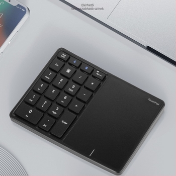 Bluetooth-kapcsolatú vezeték nélküli digitális billentyűzet, ergonómiai támogatás, OEM gyártás, méretek 177×122×35 mm, tömeg 260 g