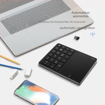 Bluetooth-kapcsolatú vezeték nélküli digitális billentyűzet, ergonómiai támogatás, OEM gyártás, méretek 177×122×35 mm, tömeg 260 g