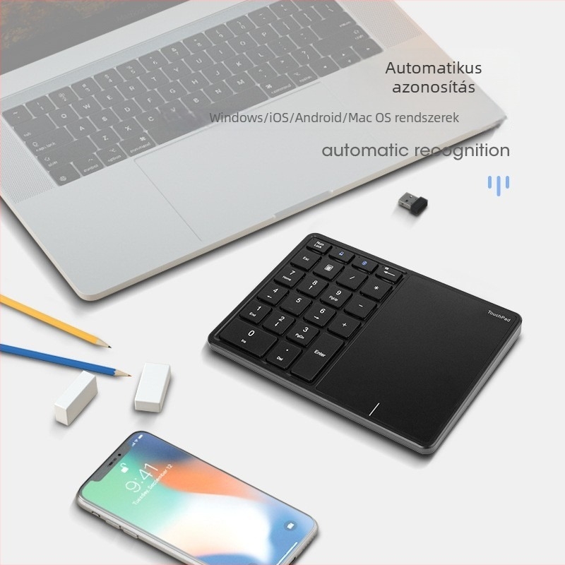 Bluetooth-kapcsolatú vezeték nélküli digitális billentyűzet, ergonómiai támogatás, OEM gyártás, méretek 177×122×35 mm, tömeg 260 g