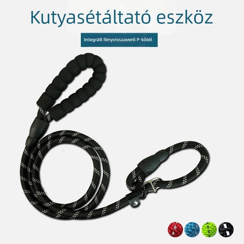 Integrált P‑fogantyújú kutyapóráz, kettős szövésű fényvisszaverő csíkkal, fulladás elleni védelem, szakadásálló
