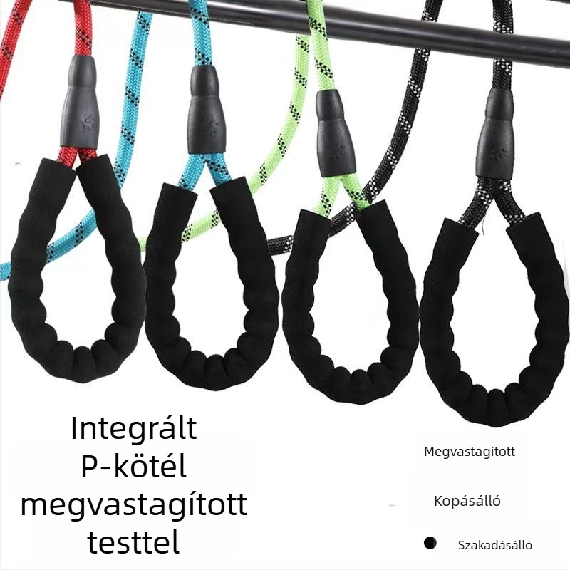 Integrált P‑fogantyújú kutyapóráz, kettős szövésű fényvisszaverő csíkkal, fulladás elleni védelem, szakadásálló