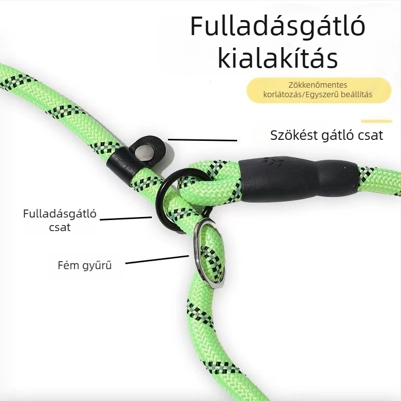 Integrált P‑fogantyújú kutyapóráz, kettős szövésű fényvisszaverő csíkkal, fulladás elleni védelem, szakadásálló