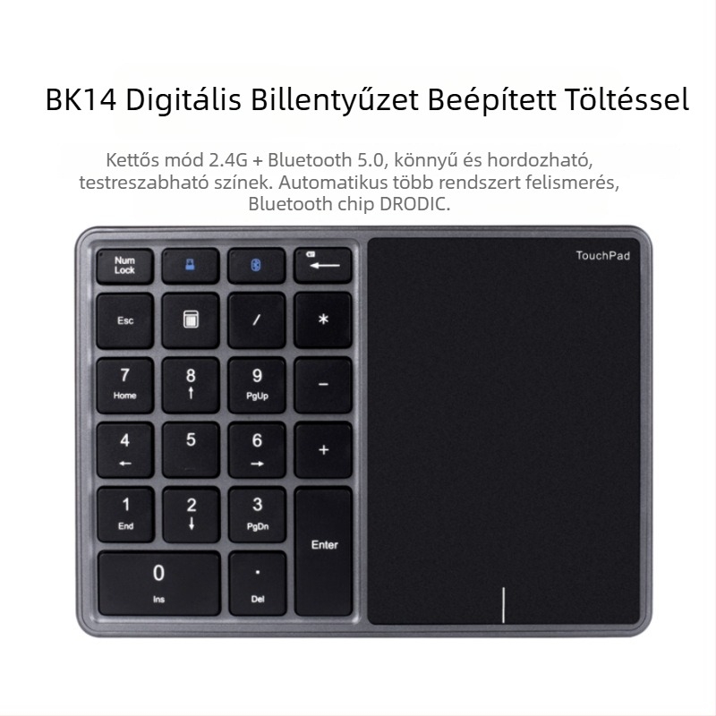 BT14 numerikus billentyűzet Bluetooth és 2.4G kétmódú kapcsolattal, ergonómiai támogatás, kompatibil mobiltelefonokkal, táblagépekkel és laptopokkal