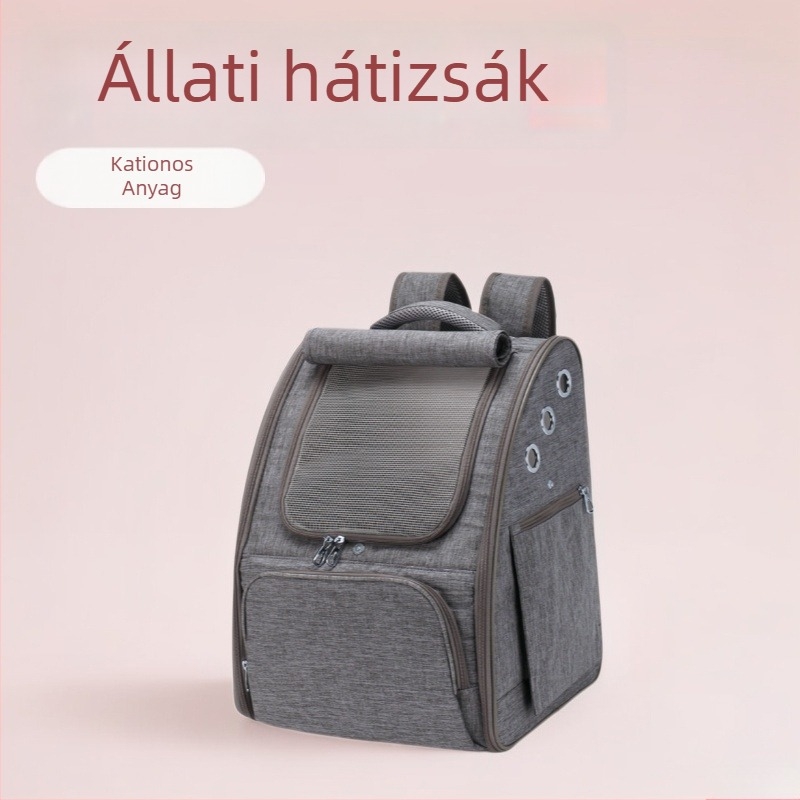 Háziállat szállító hátizsák, összecsukható drótkeret, kationos anyag, egyszemélyes rekeszes kialakítás, egyszínű mintázat