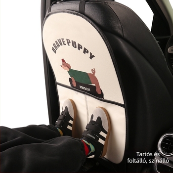 Autó hátsó ülés védő dachshund motívummal, akasztós tároló, PU anyag, hab töltet
