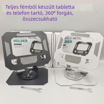Asztali tablet-tartó – Forgatható, összecsukható, teljes fém, 360° forgás, univerzális kompatibilitás tablettákkal és telefonokkal, 350 g