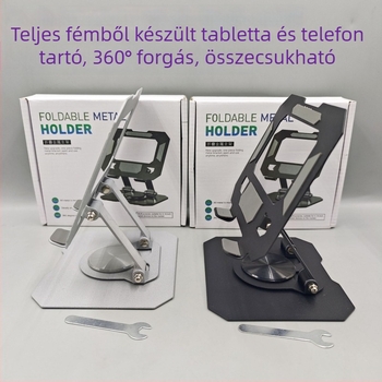 Asztali tablet-tartó – Forgatható, összecsukható, teljes fém, 360° forgás, univerzális kompatibilitás tablettákkal és telefonokkal, 350 g