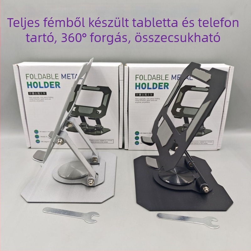 Asztali tablet-tartó – Forgatható, összecsukható, teljes fém, 360° forgás, univerzális kompatibilitás tablettákkal és telefonokkal, 350 g