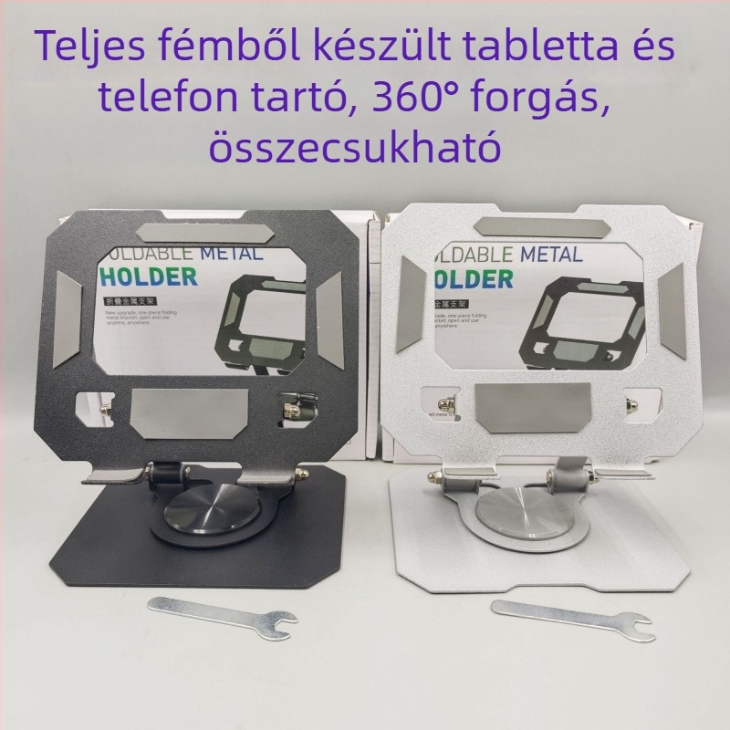 Asztali tablet-tartó – Forgatható, összecsukható, teljes fém, 360° forgás, univerzális kompatibilitás tablettákkal és telefonokkal, 350 g