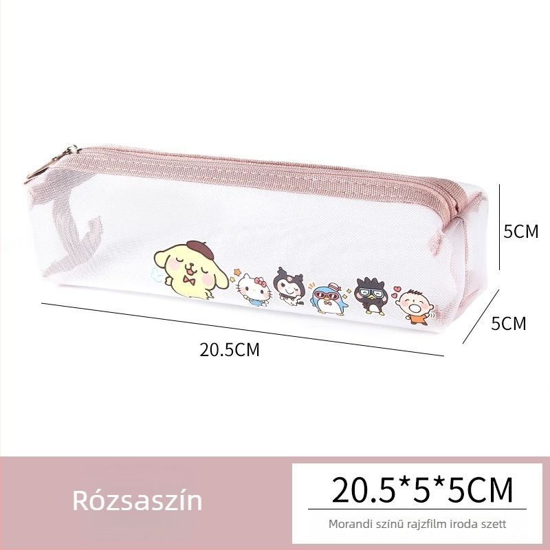 Átlátszó tolltartó rajzfilm mintával, nylon hálós anyag, nagy kapacitású, hordozható irodai tároló