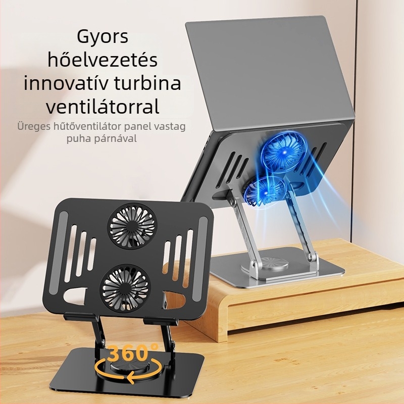 Laptop állvány 360°-os forgatható, összecsukható, állítható magasságú, szénacélból, 1395 g, méretek 24.2 × 19.5 × 6.5 cm