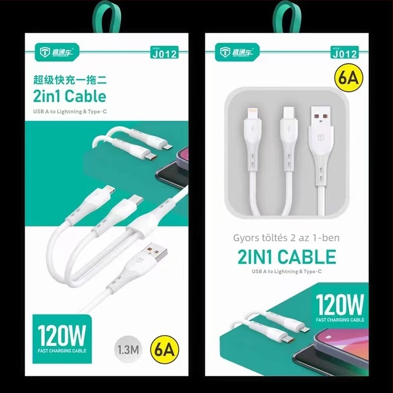 PD 2-in-1 gyorstöltő kábel Lightning és USB-C csatlakozókkal, 120W, 1-2 elosztó, TPE anyag