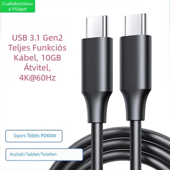 Type-C USB 3.1 adatkábel PD60W gyors töltéshez, USB 3.1 Gen2 10Gbps, 4K60Hz támogatás
