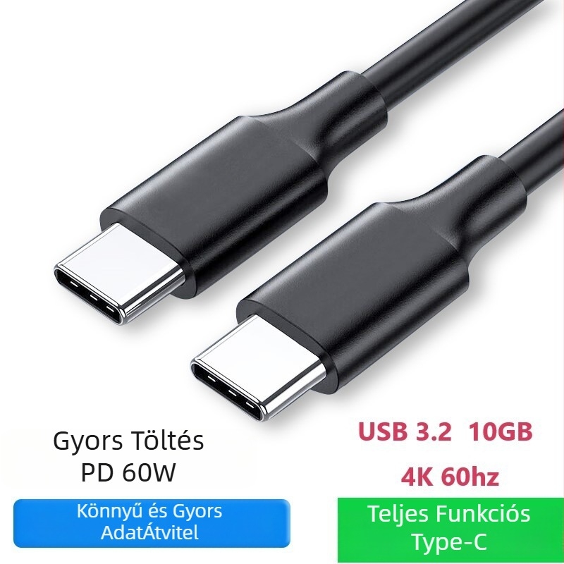 Type-C USB 3.1 adatkábel PD60W gyors töltéshez, USB 3.1 Gen2 10Gbps, 4K60Hz támogatás