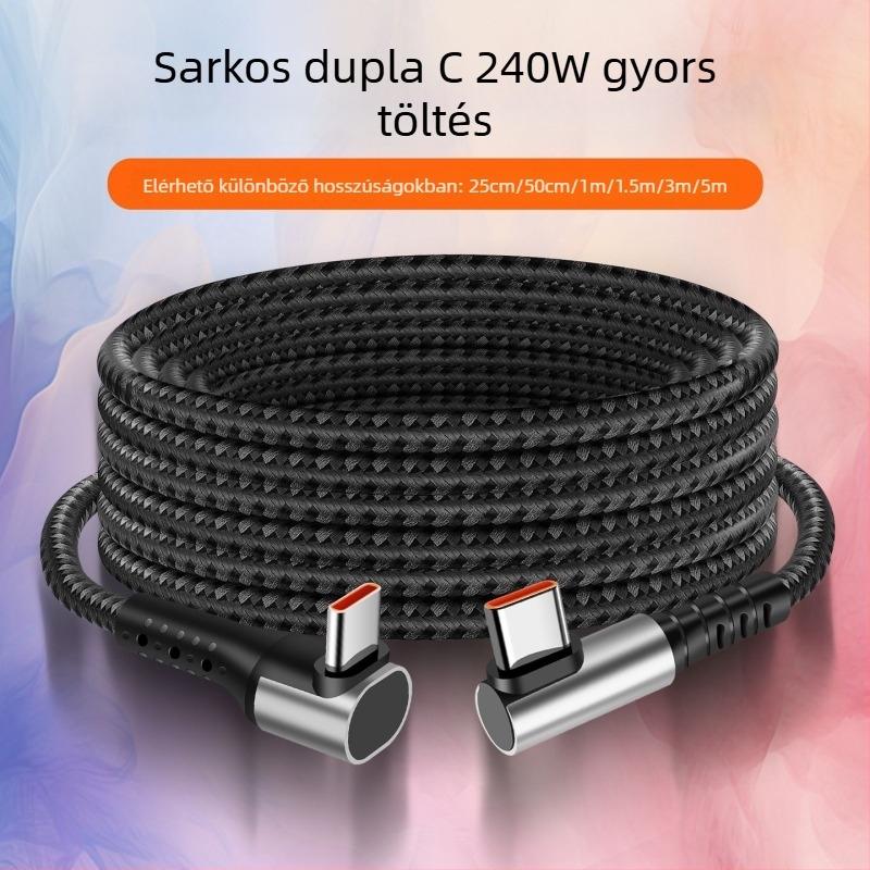 240W fonott Type-C kábel dupla 90 fokos csatlakozóval, gyors töltés, hossz 2–5 m