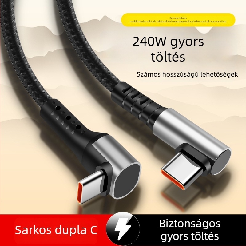 240W fonott Type-C kábel dupla 90 fokos csatlakozóval, gyors töltés, hossz 2–5 m