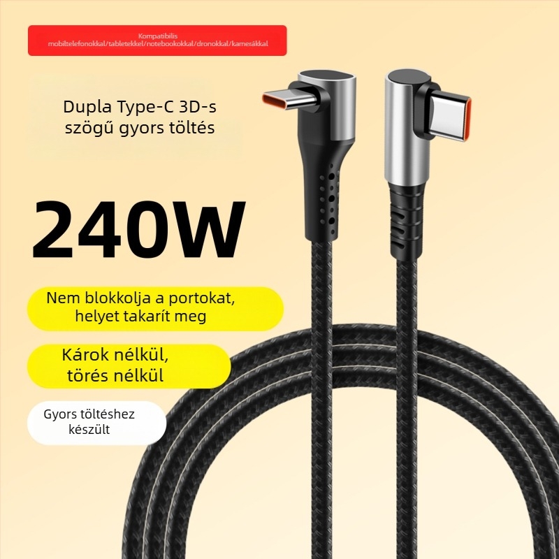 240W fonott Type-C kábel dupla 90 fokos csatlakozóval, gyors töltés, hossz 2–5 m