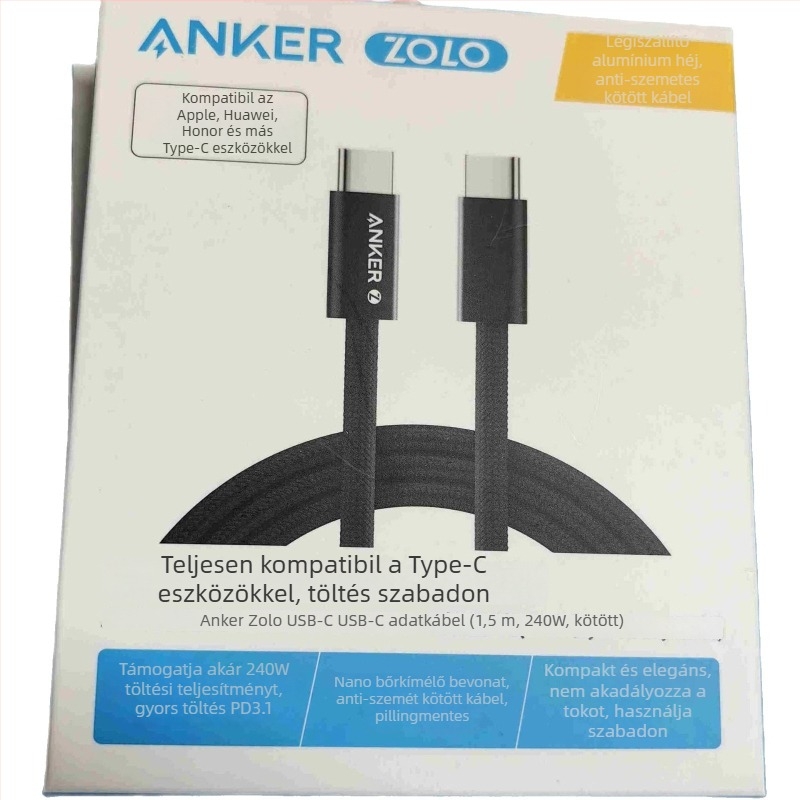 ANKER Zolo Két USB-C Portos Kábel, 240W Gyors Töltés, Szövött Kábel