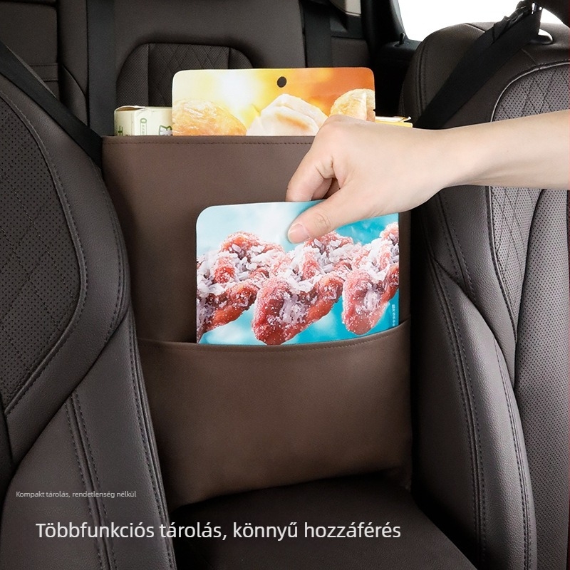 Bőr autó belső függő szervező, középső ülés között, vízálló hálós tárolózseb és szalvétatartóval
