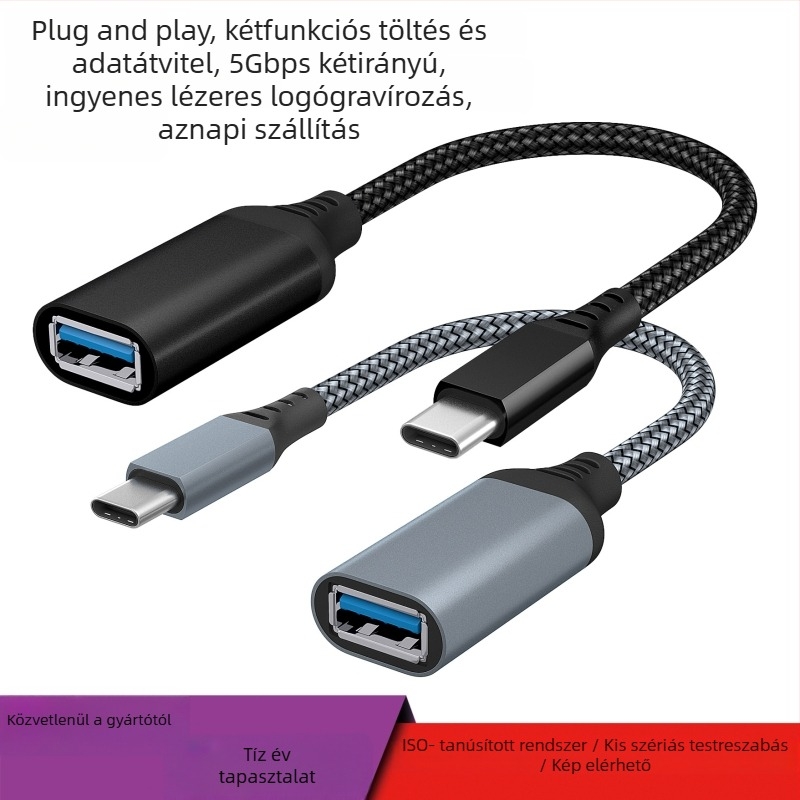 OTG USB-C–USB 3.0 adapterkábel mobiltelefonok és tabletek számára, alumíniumötvözet, max. 60W, egyfejű, Type-C interfész, kiterjesztett átvitel