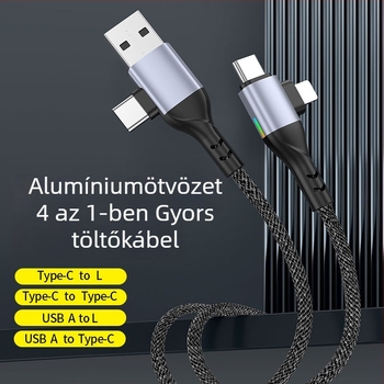 4 az 1-ben adatkábel PD100W gyorstöltéshez: HDMI, Lightning, Micro-USB és USB-C, kötött kábel, maximum 100W