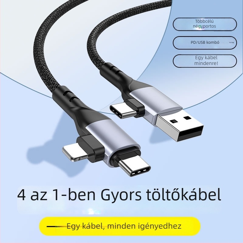 4 az 1-ben adatkábel PD100W gyorstöltéshez: HDMI, Lightning, Micro-USB és USB-C, kötött kábel, maximum 100W