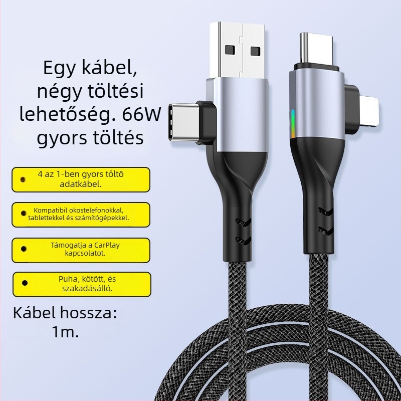 4 az 1-ben adatkábel PD100W gyorstöltéshez: HDMI, Lightning, Micro-USB és USB-C, kötött kábel, maximum 100W