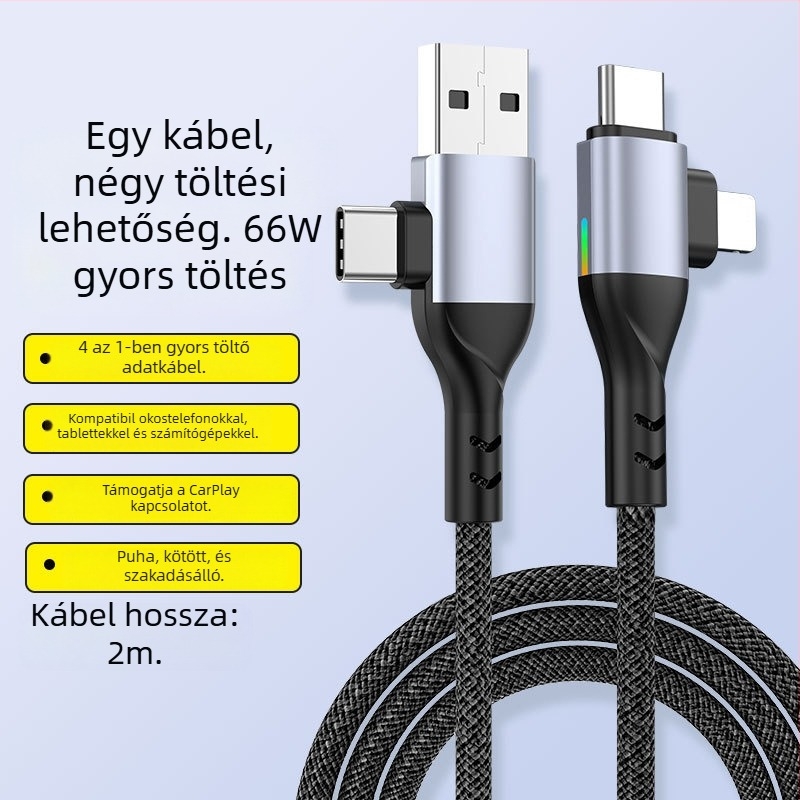 4 az 1-ben adatkábel PD100W gyorstöltéshez: HDMI, Lightning, Micro-USB és USB-C, kötött kábel, maximum 100W