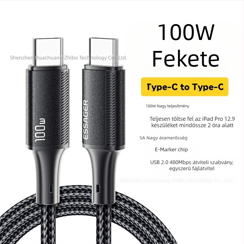ESSAGER Jiajian széria PD100W USB-C gyorstöltő adatkábel laptopokhoz, tabletekhez és okostelefonokhoz