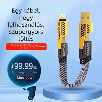 4-in-1 PD100W gyorstöltő adatkábel Type-C és Lightning csatlakozókhoz, kettős kimenet, ház cinkötvözetből, LED jelzőfény