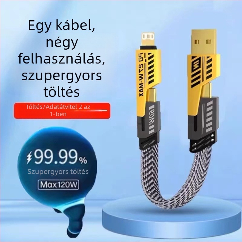 4-in-1 PD100W gyorstöltő adatkábel Type-C és Lightning csatlakozókhoz, kettős kimenet, ház cinkötvözetből, LED jelzőfény