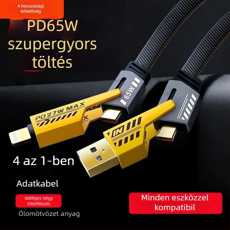 4-in-1 PD100W gyorstöltő adatkábel Type-C és Lightning csatlakozókhoz, kettős kimenet, ház cinkötvözetből, LED jelzőfény