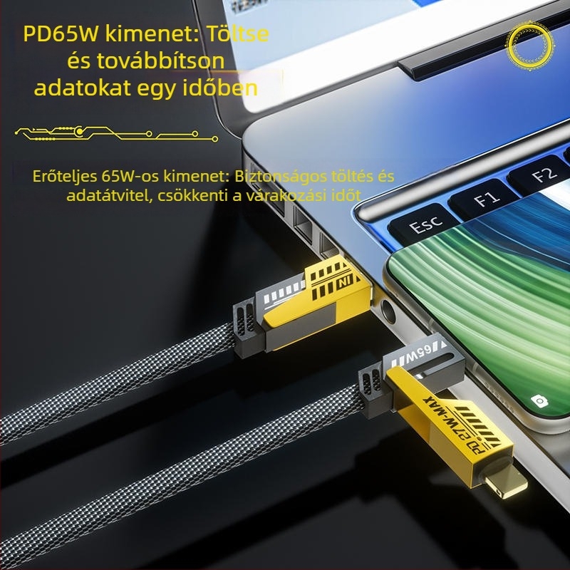 4-in-1 PD100W gyorstöltő adatkábel Type-C és Lightning csatlakozókhoz, kettős kimenet, ház cinkötvözetből, LED jelzőfény