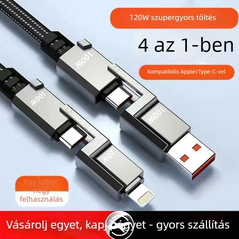 4-in-1 PD100W gyorstöltő adatkábel Type-C és Lightning csatlakozókhoz, kettős kimenet, ház cinkötvözetből, LED jelzőfény